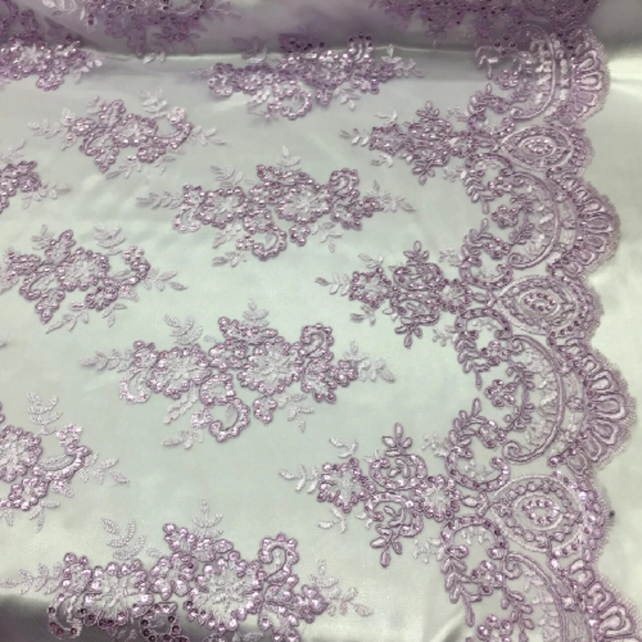 1 Yard Lilac Sequin Lace Fabric 54" Wide Polyester Mesh with Embroidery & Sequins for Bridal & Evening Wear